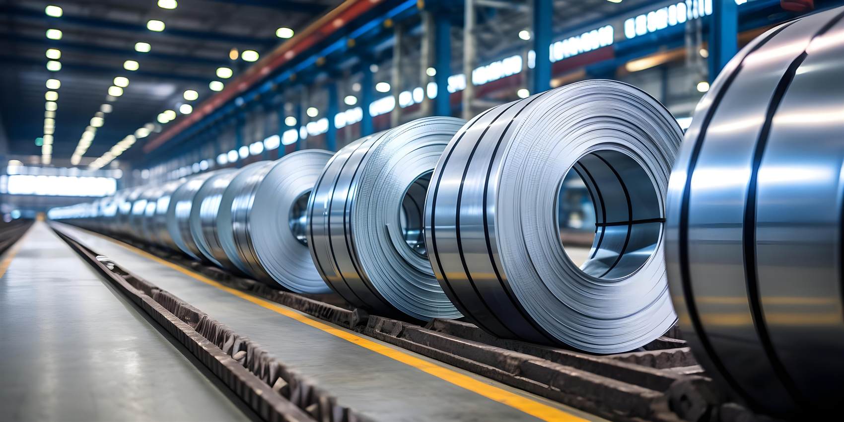 Stainless steel coils in a mill warehouse