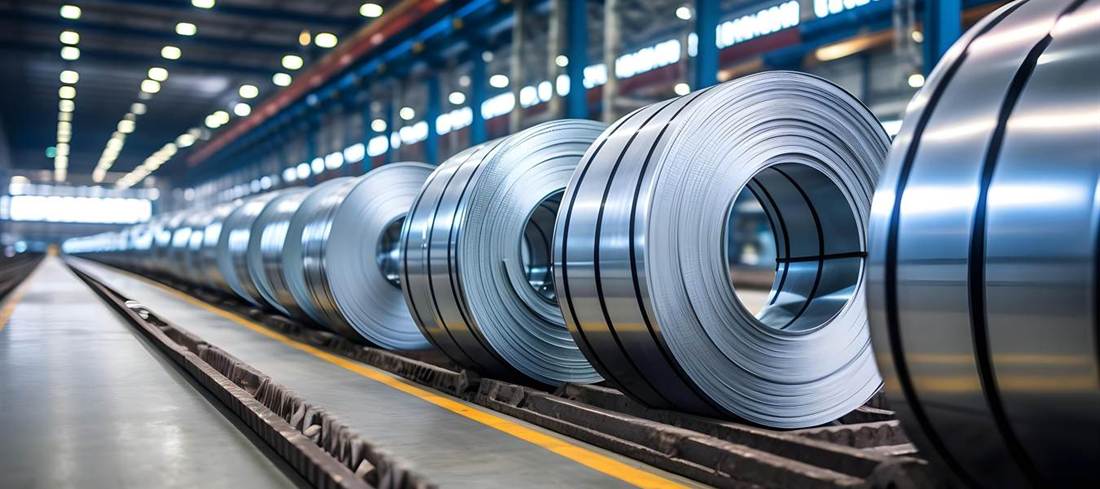 Stainless steel coils stacked along the stockyard aisle